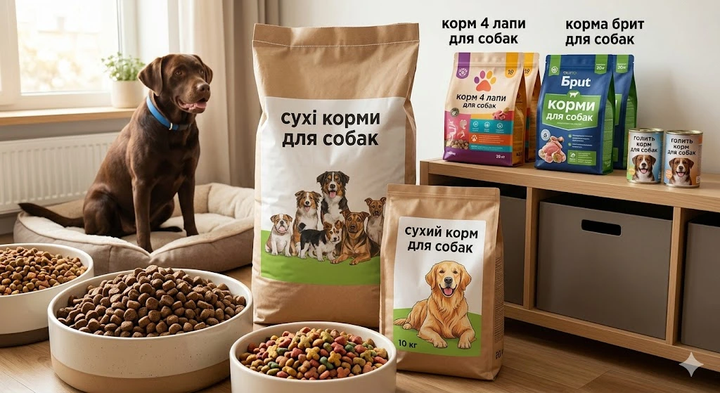 Собака та пакети корму