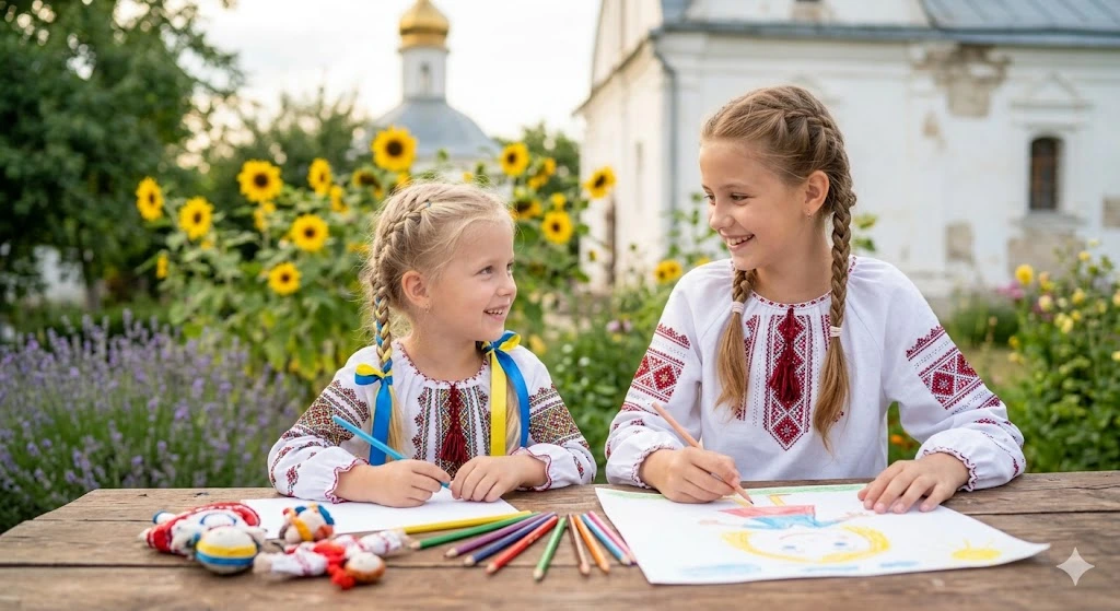 Дівчата малюють біля церкви