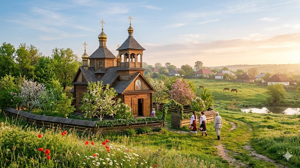 Храм і весняний пейзаж