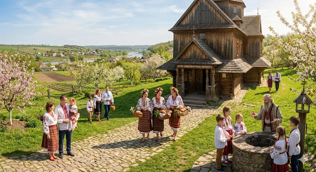Люди, церква, вишиванки, весна