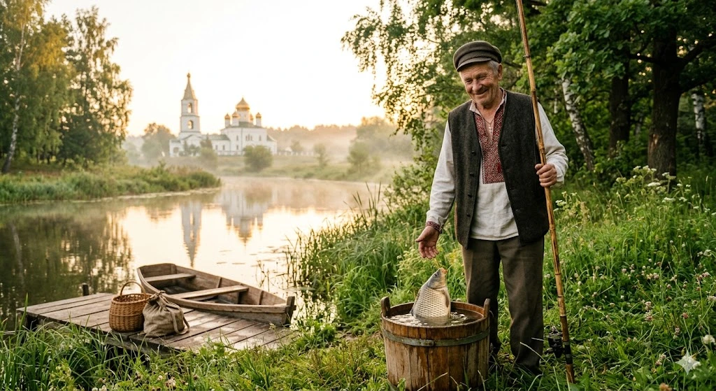 Рыбак с уловом у реки