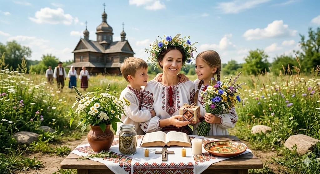 Сім'я у вишиванках біля церкви
