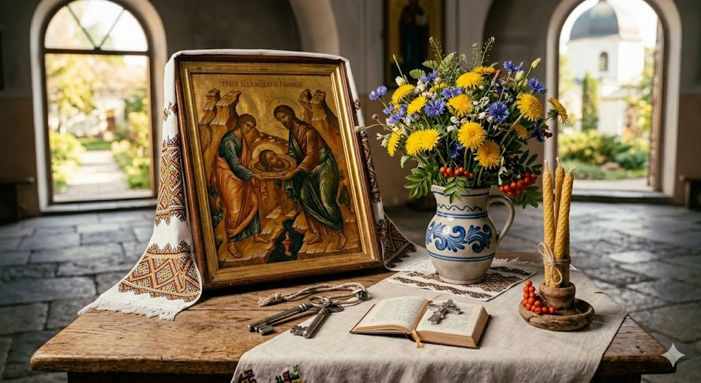 Стіл з іконою, квітами
