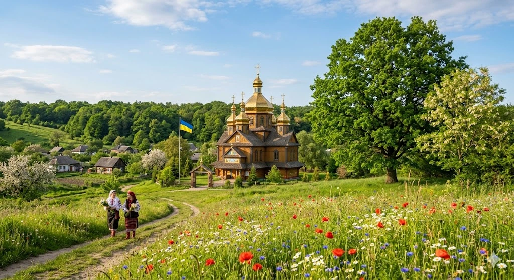 Церковь, вышиванки, поле, Украина