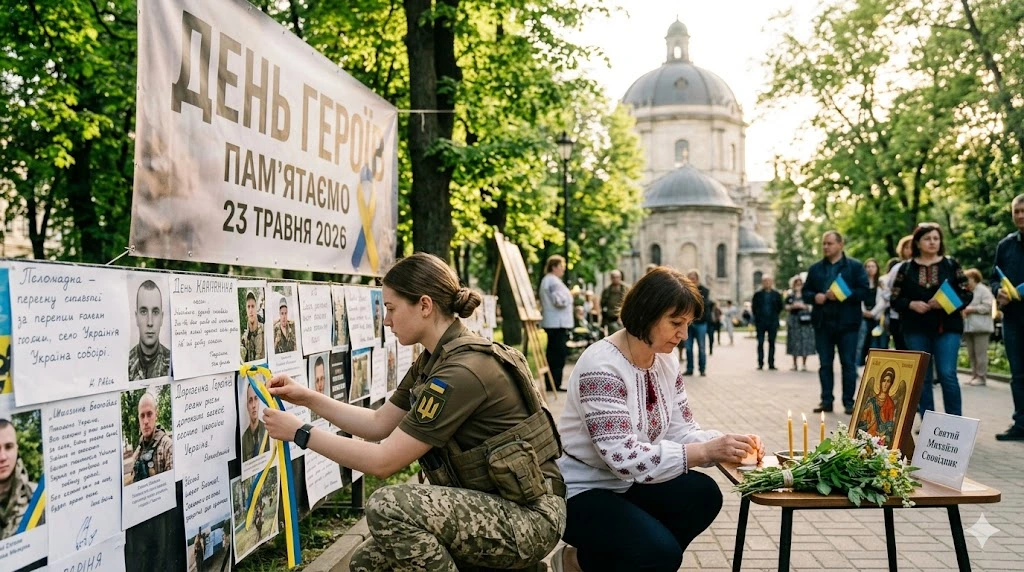 Военная и женщина у мемориала
