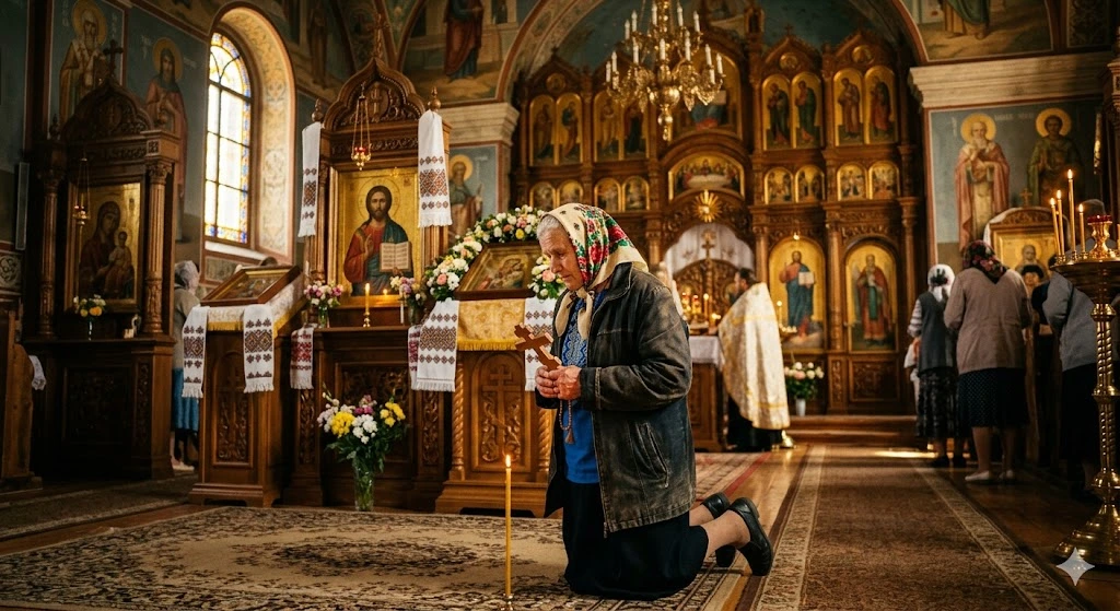 Женщина молится в церкви
