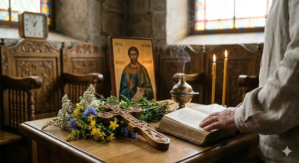 Алтарь, икона, крест, цветы