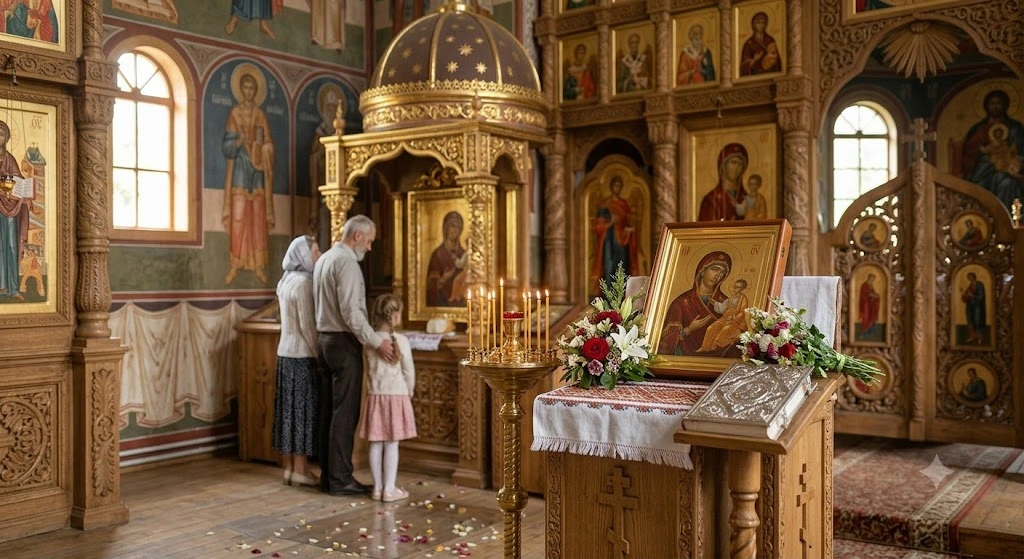Семья молится в храме