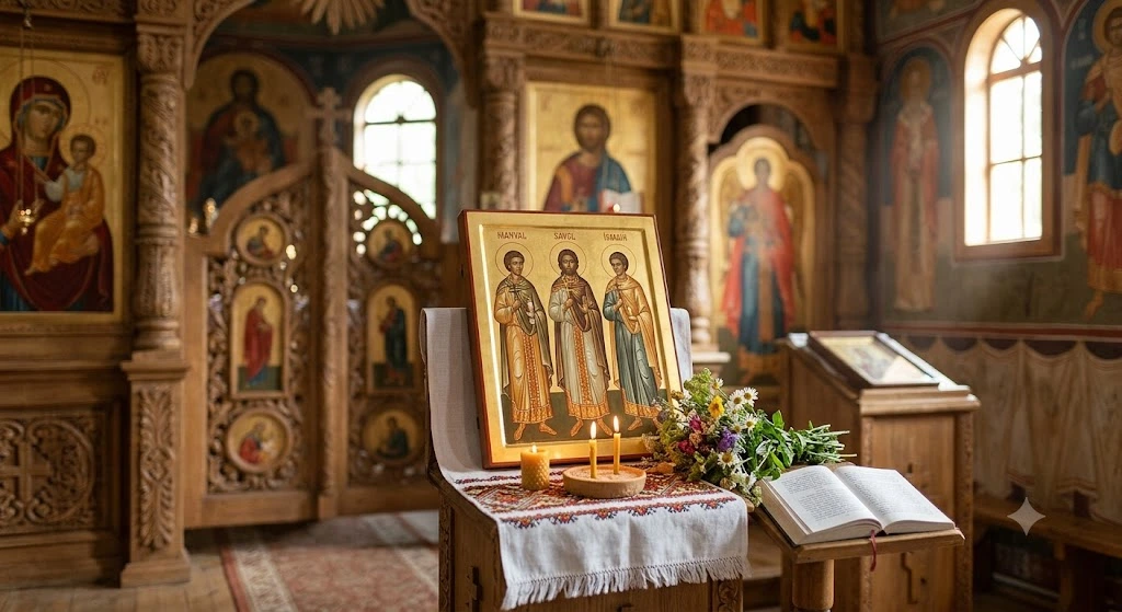 Священник служит среди икон