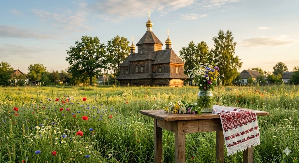 Украинский пейзаж, церковь, рушник