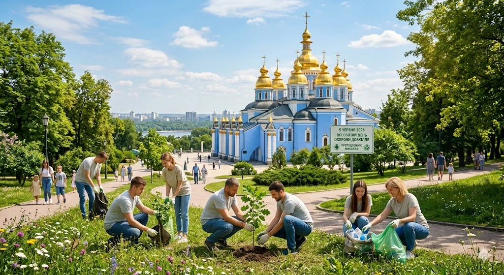 Волонтеры в парке у церкви