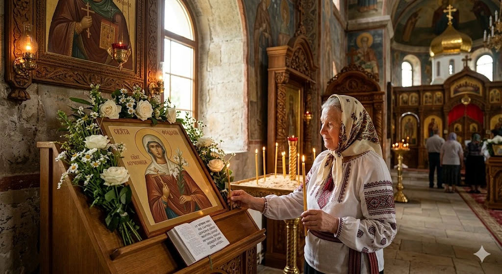 Женщина молится у иконы