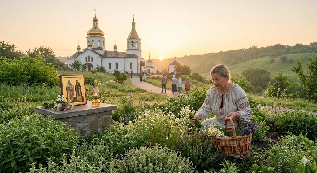 Женщина собирает лечебные травы