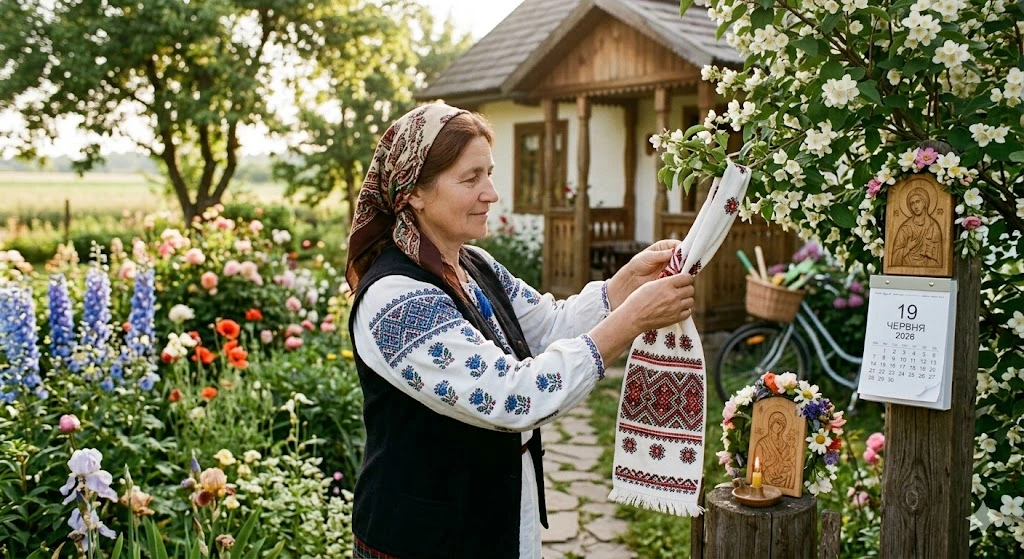 Жінка прикрашає сад рушником