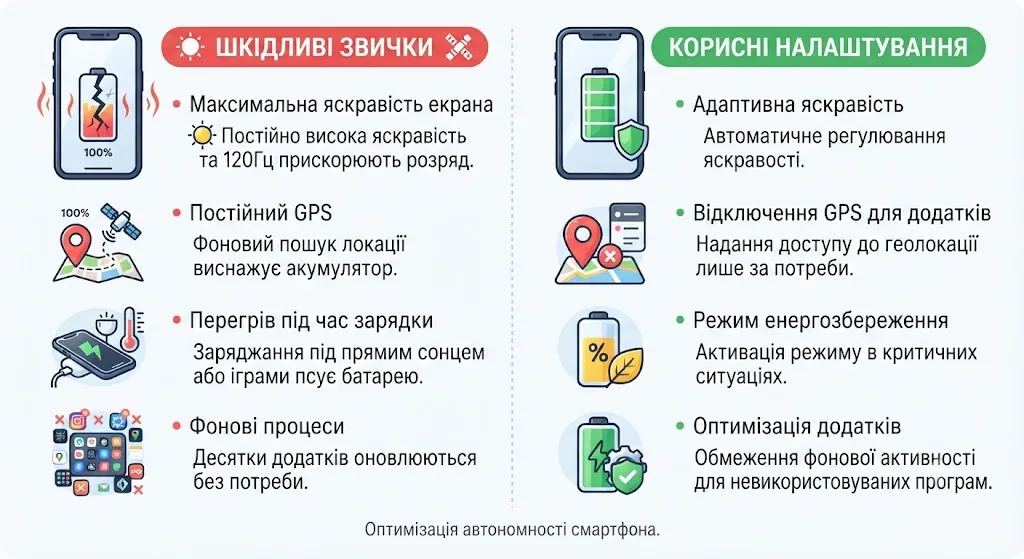Шкідливі та корисні налаштування батареї