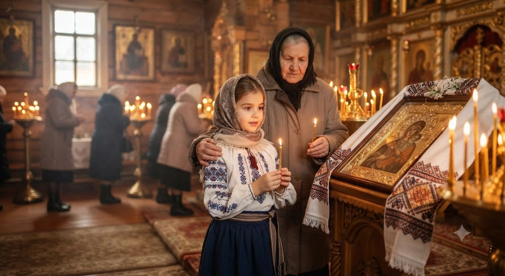 Бабушка и внучка со свечами в церкви