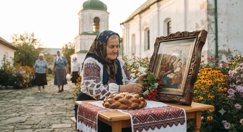 Бабуся з іконою та хлібом