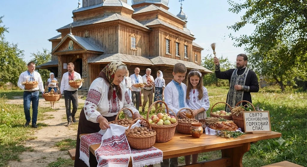 Освящение орехов и хлеба на улице
