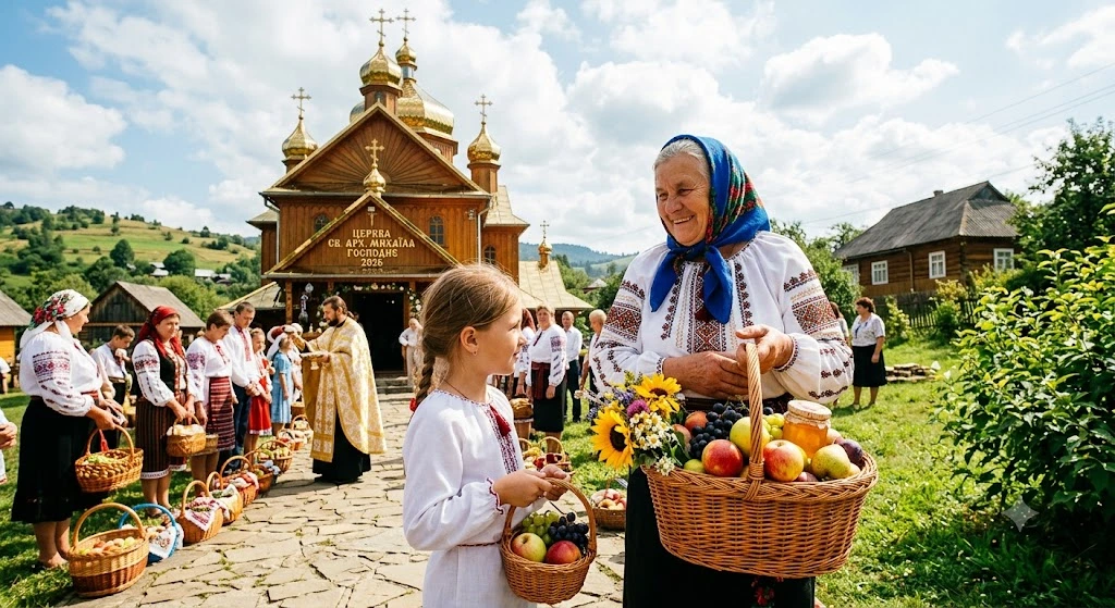 Освящение яблок у церкви