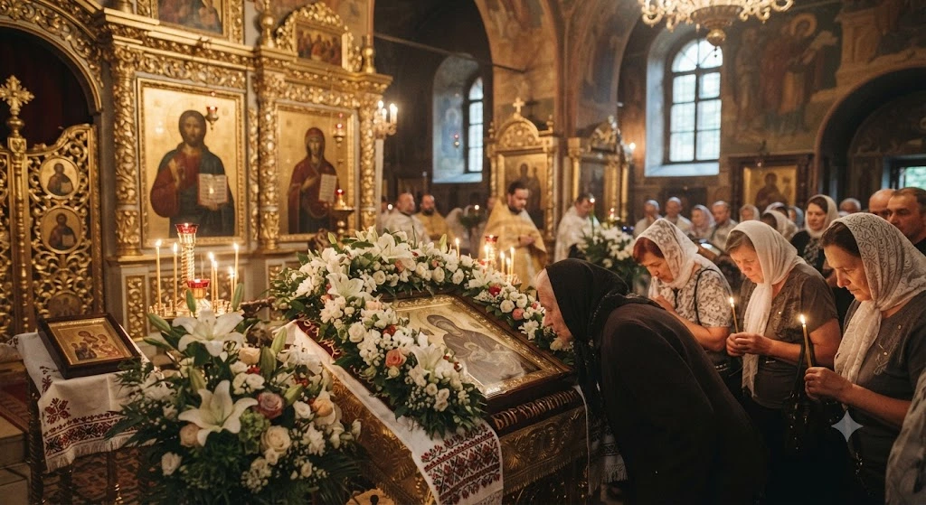 Поклонение иконе Успения в храме