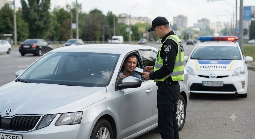 Полицейский проверяет документы водителя
