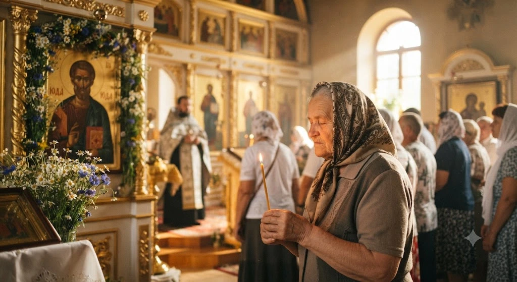 Пожилая женщина молится в церкви