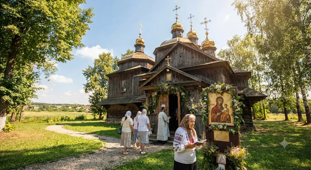 Прихожане у деревянной церкви