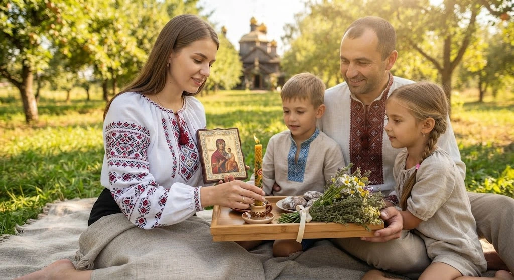 Семья в вышиванках с иконой
