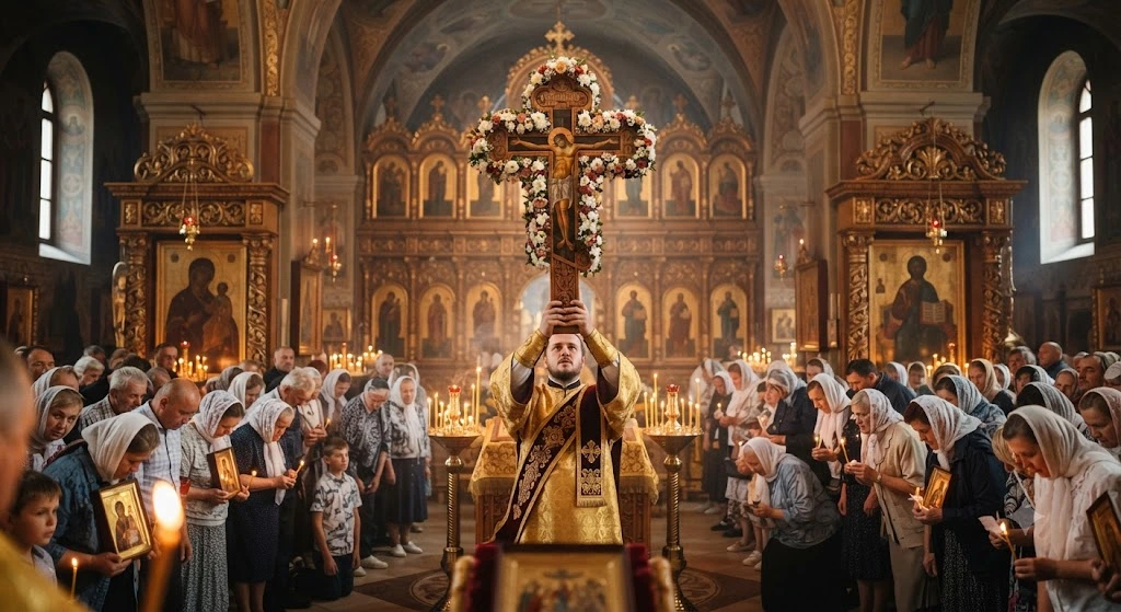 Священник воздвигает цветочный крест