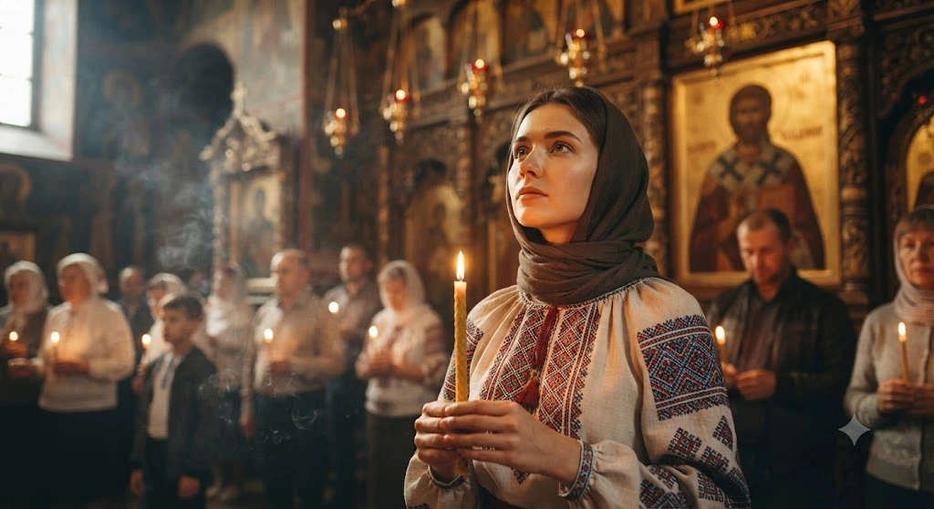 Женщина в вышиванке со свечой