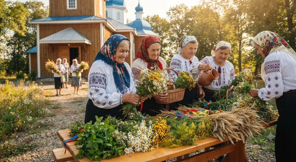 Женщины освящают травы и цветы