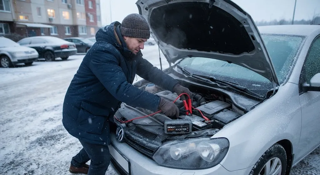 Прикуривание автомобиля зимой бустером