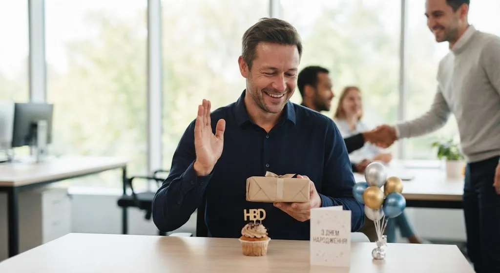 Счастливый мужчина получает подарок в офисе