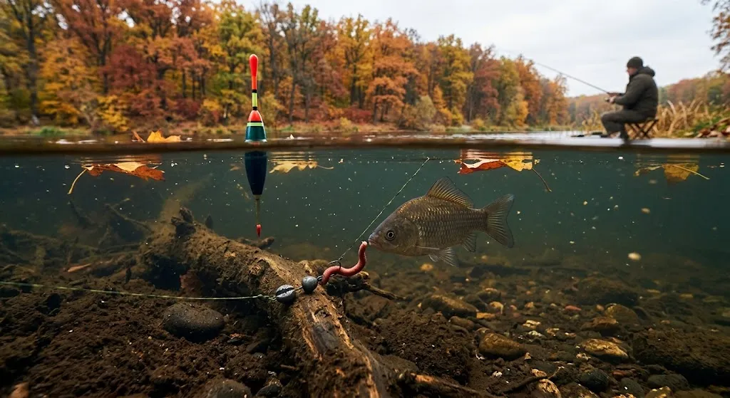 Карась под водой, осенний лес