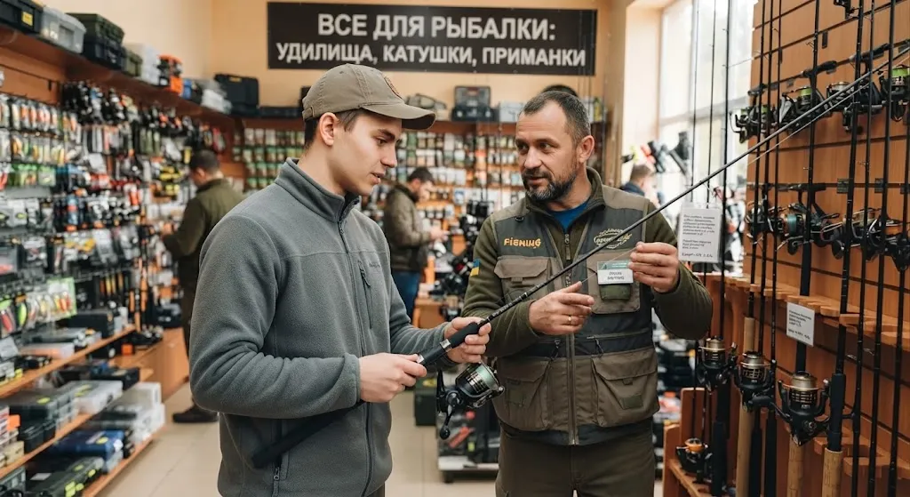 Продавец показывает спиннинг покупателю